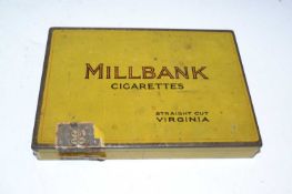 Vintage Millbank Cigarettes tin box containing a quantity of postcards of movie stars
