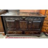 An 18th Century dark oak mule chest with lifting top and two drawers to base, 130cm wide (Item 3