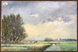 Malcolm Whaley (British, 20th century), Pastoral landscape with grazing cattle, oil on board,