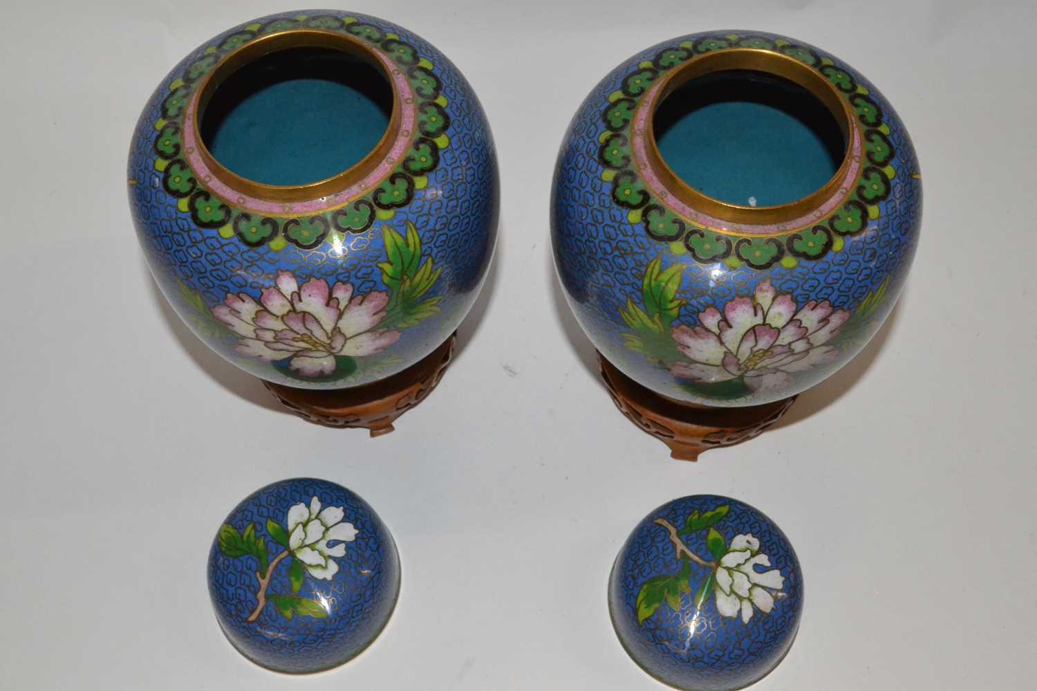 A pair of Cloisonne jars and covers, the blue ground with floral decoration, covers with matching - Image 3 of 4