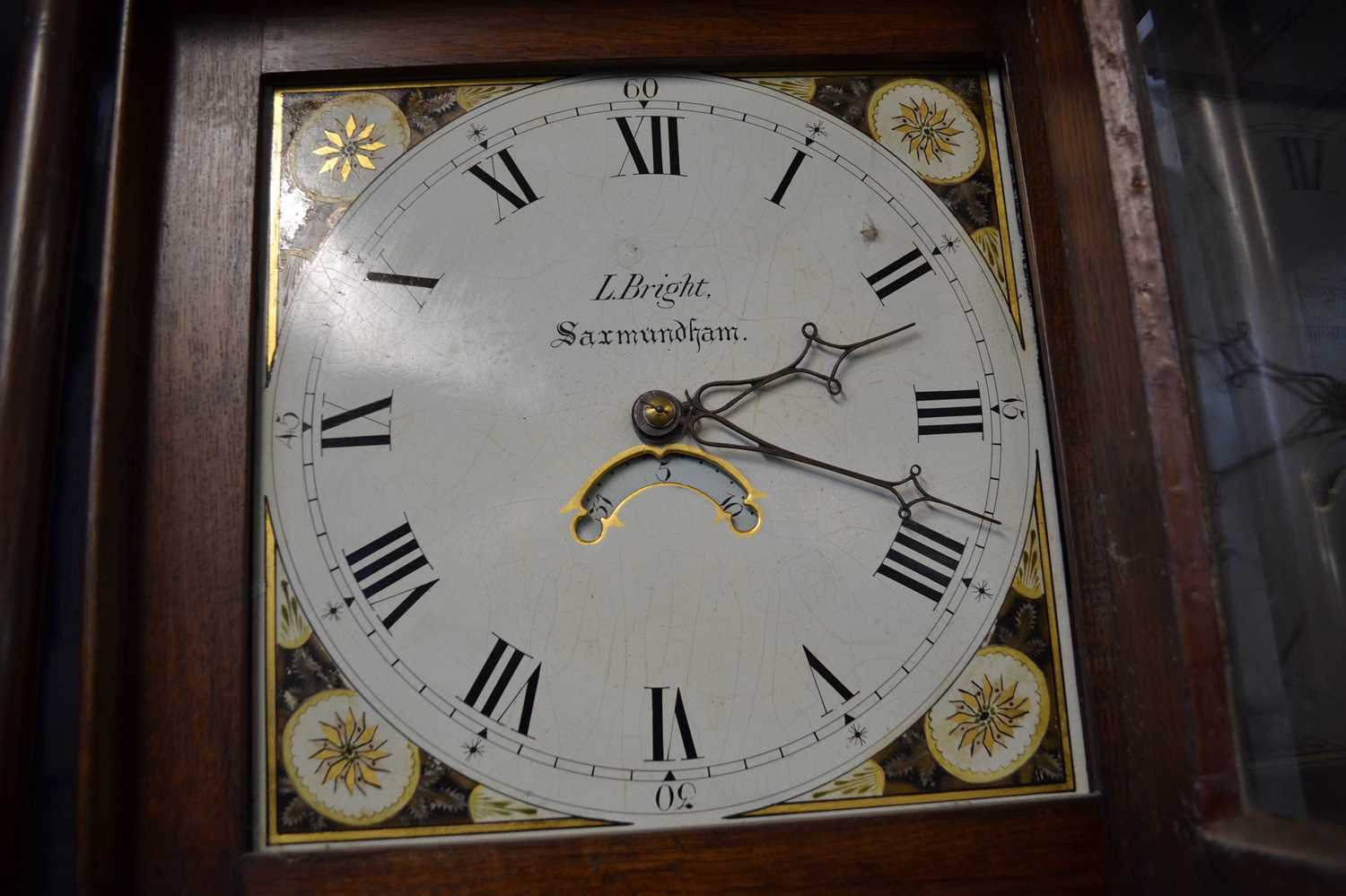 L.Bright, Saxmundham (Suffolk), a Georgian oak and mahogany cross banded long case clock with square - Image 2 of 2