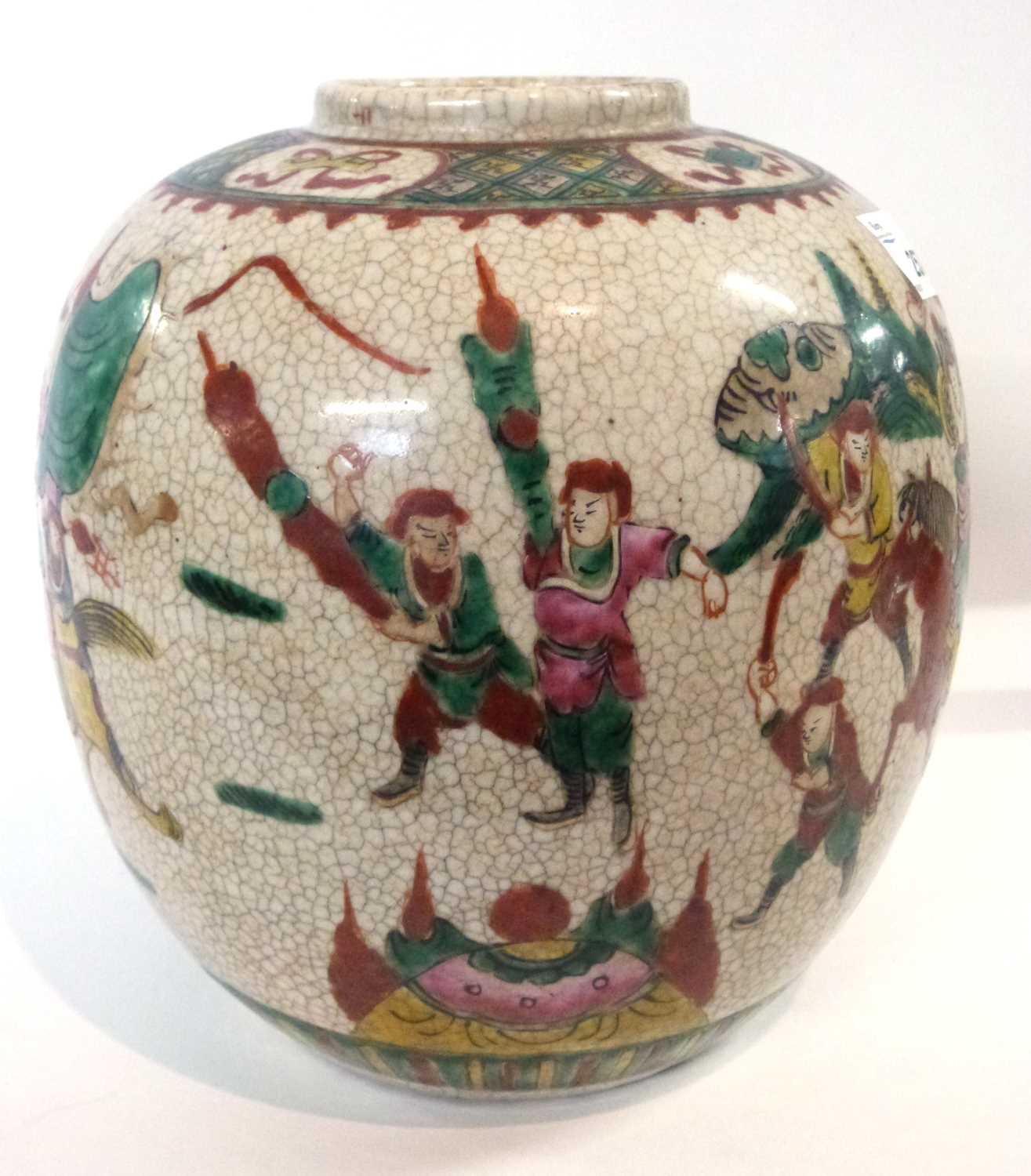 A large Chinese crackle ware jar with famille vert decoration, four character mark to base in - Image 2 of 5