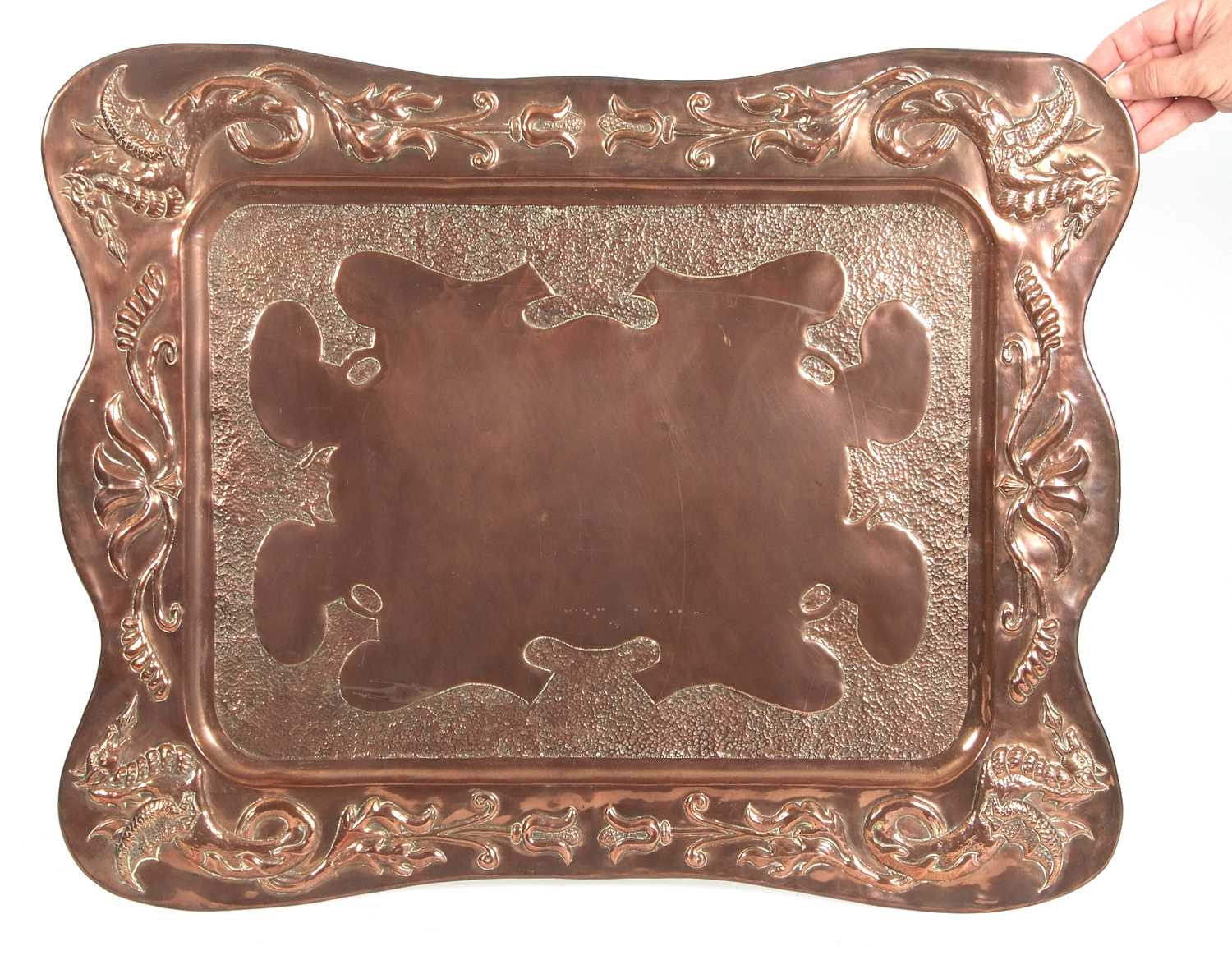 A large Arts & Crafts copper serving tray, decorated with a border of dragons and foliate detail, 56 - Image 6 of 6