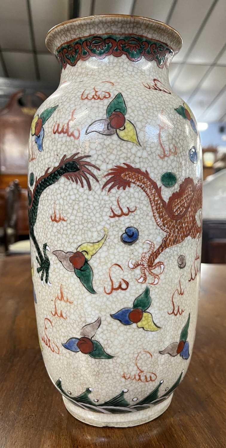 Chinese crackle ware vase with polychrome decoration of opposing dragons in famille vert and famille - Image 2 of 12