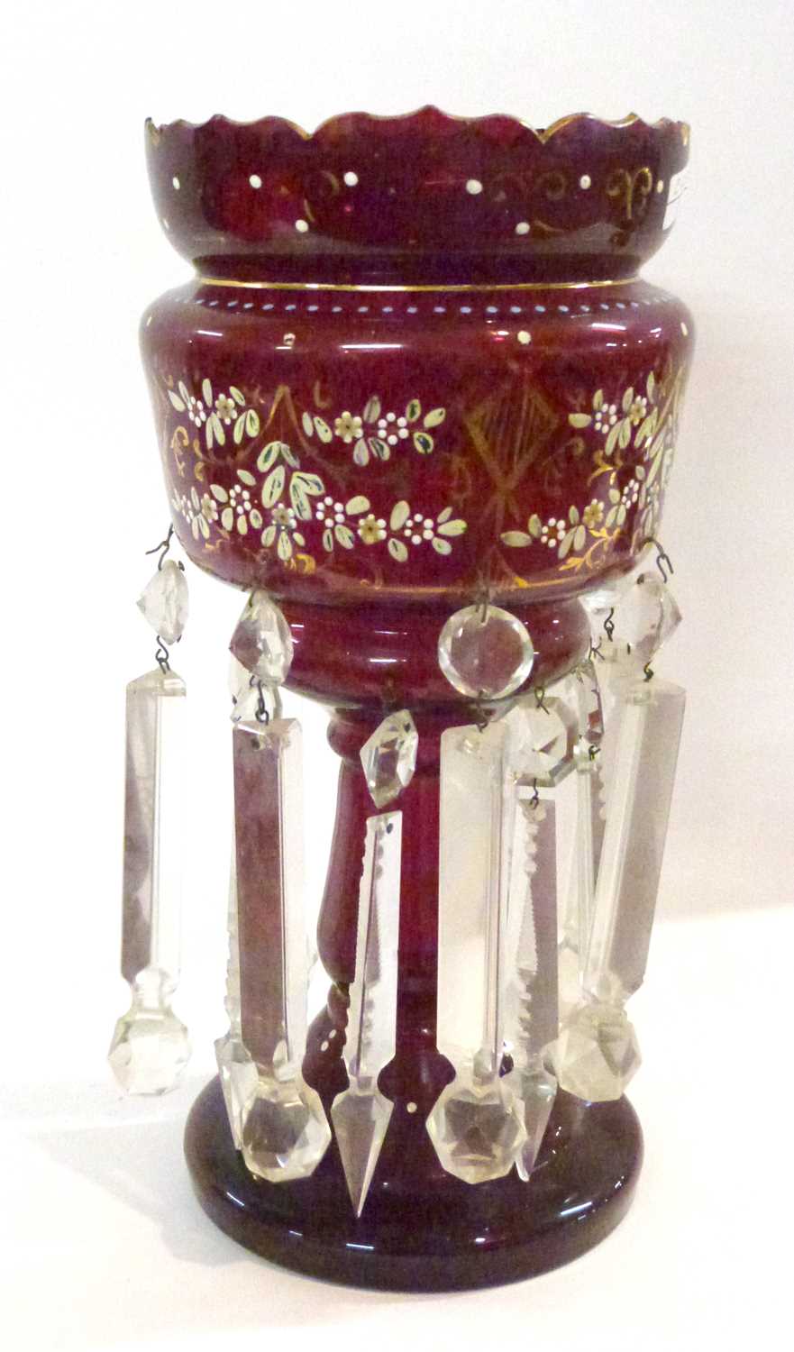 A cranberry glass table lustre with painted flowers, 38cm high - Image 2 of 2