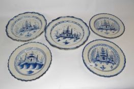 Collection of late 18th Century Pearl ware plates with shaped borders, all with Chinoiserie designs,
