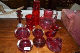 Whitefriars and other glass wares to include red cylindrical vases, controlled bubble dishes and