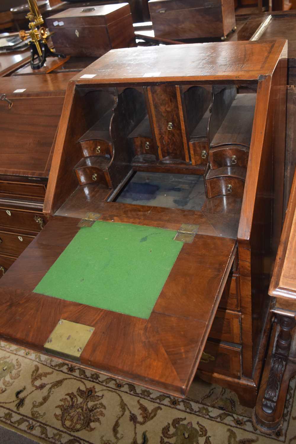 Small Georgian style walnut bureau of narrow form with full front opening to an interior with - Image 2 of 3