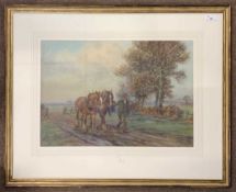 A.E. Toops (British, 20th century), Farmer travels a country pathway with Shire Horses, watercolour,