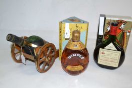 Haigs Dimple, boxed, Marquis de Caussade Grand Armagnac, boxed, and Courvoisier Cognac in novelty