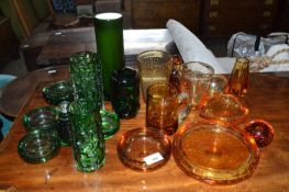 Whitefriars and other glass wares, a range of green and orange glass wares to include a