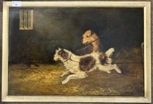 D.Varley (British, 19th century), Terriers Chasing a Rat in a Barn, oil on board, signed, 5x35.