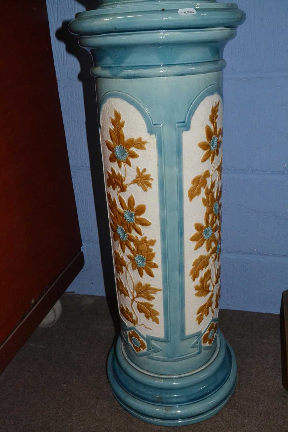 A Burmantofts jardiniere and stand, both pieces with floral decoration within light blue panels - Image 3 of 4