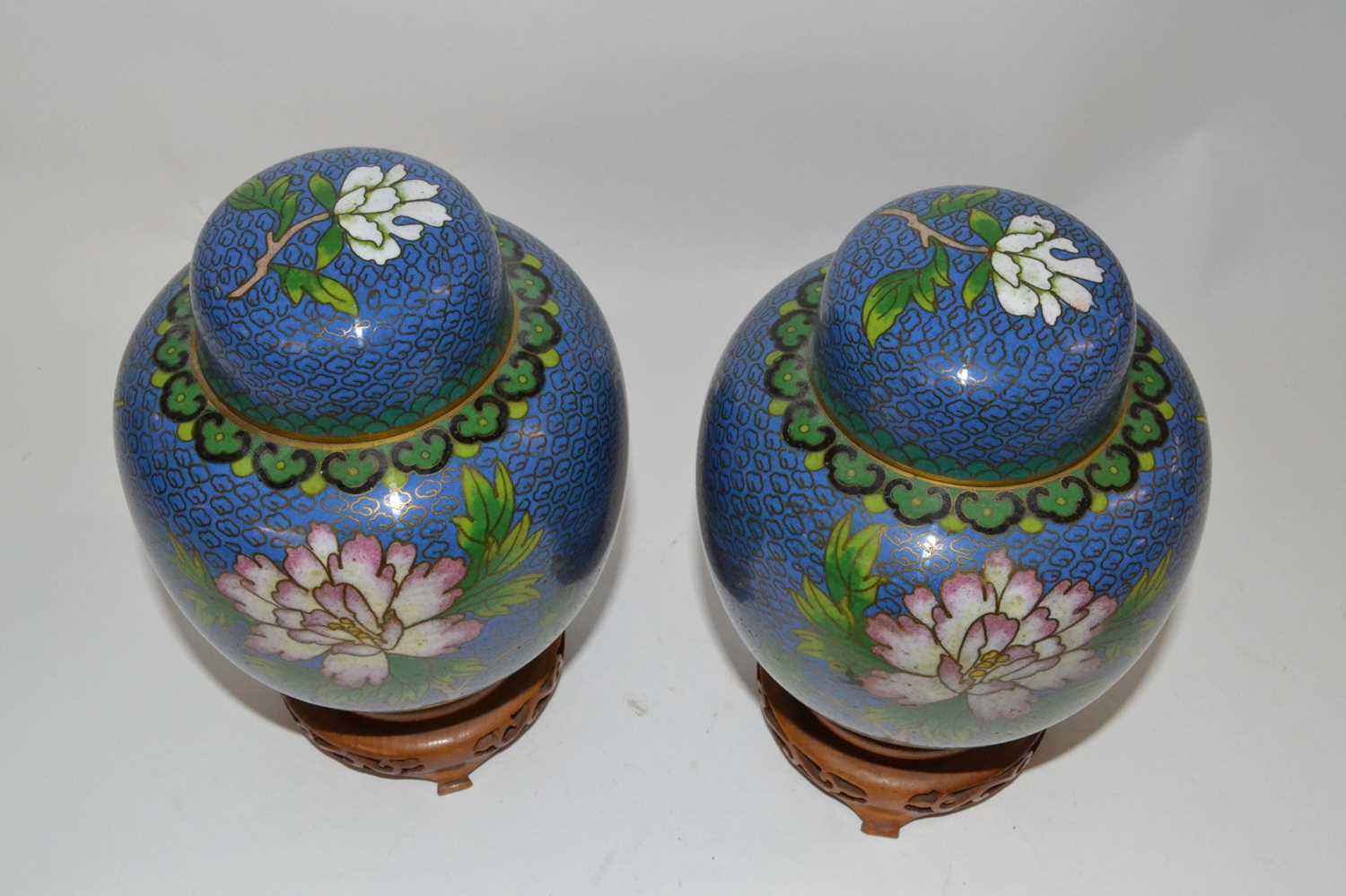 A pair of Cloisonne jars and covers, the blue ground with floral decoration, covers with matching - Image 2 of 4