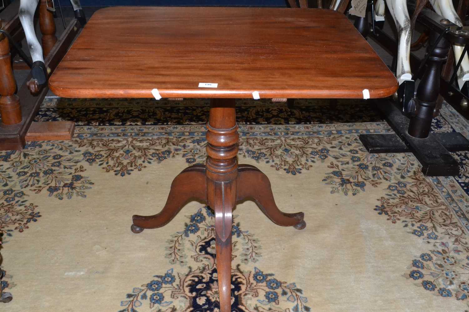 Late Georgian mahogany snap top table with turned column and tripod base, top 75cm wide
