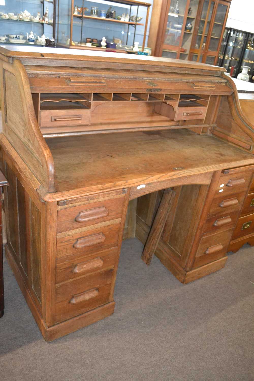 Early 20th Century Lebus roll top oak twin pedestal desk, 120cm wide