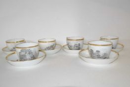 A group of six early 19th Century cups and saucers all with bat printed designs, possibly Spode