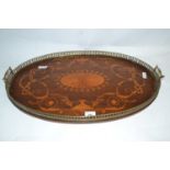 An Edwardian rosewood and brass galleried serving tray in the Sheraton Revival style, the centre