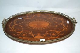 An Edwardian rosewood and brass galleried serving tray in the Sheraton Revival style, the centre