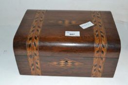 A small Victorian sewing box with inlaid decoration and fitted interior, 28cm wide