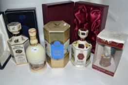 Five decanters of whisky, to include Gordon Highlander 12yrs, boxed; Scottish Leader 30yrs, boxed;