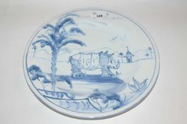 Further Isis Ceramics dish made for Colefax & Fowler decorated in Delft style with a rhinoceros,