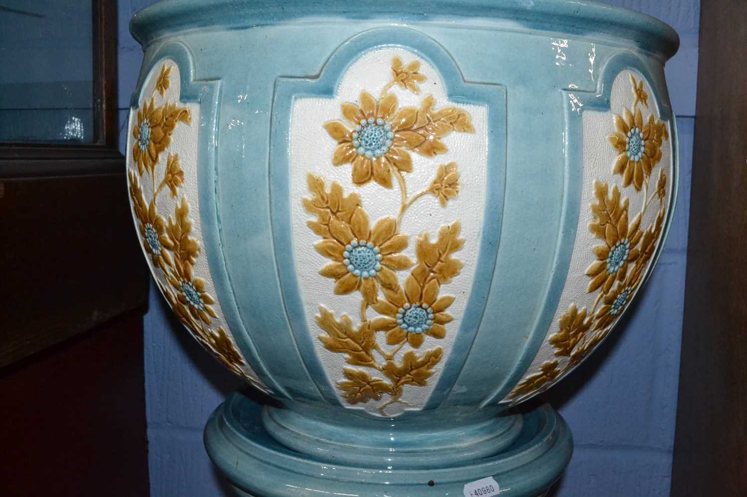 A Burmantofts jardiniere and stand, both pieces with floral decoration within light blue panels - Image 2 of 4