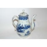 A Lowestoft coffee pot and a cover, the pot circa 1780 with blue printed chinoiserie design, the