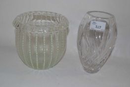 A Studio Glass bowl with a ribbed design, coloured in white and green stripe together with a cut