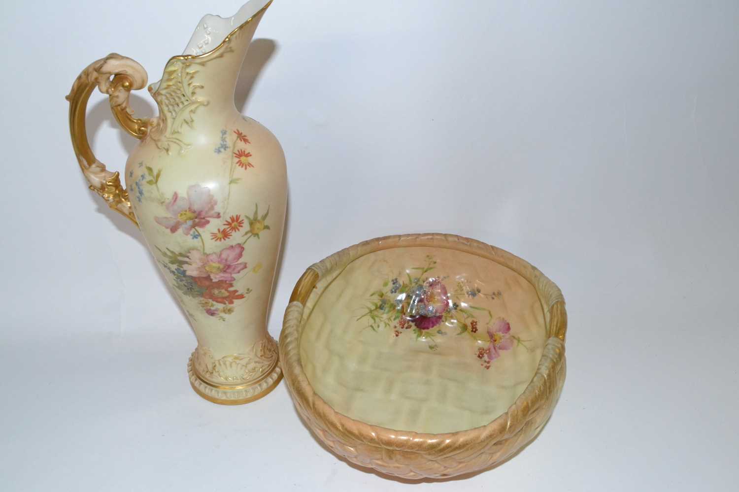 A Royal Worcester ewer, early 20th Century, the blush ground decorated with flowers together with - Image 2 of 3