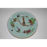 A Cantonese plate, the celadon ground painted with birds and fruit together with bugs and