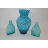 A pair of turquoise coloured Art Glass vases together with a larger glass baluster vase, the largest