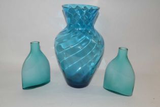 A pair of turquoise coloured Art Glass vases together with a larger glass baluster vase, the largest