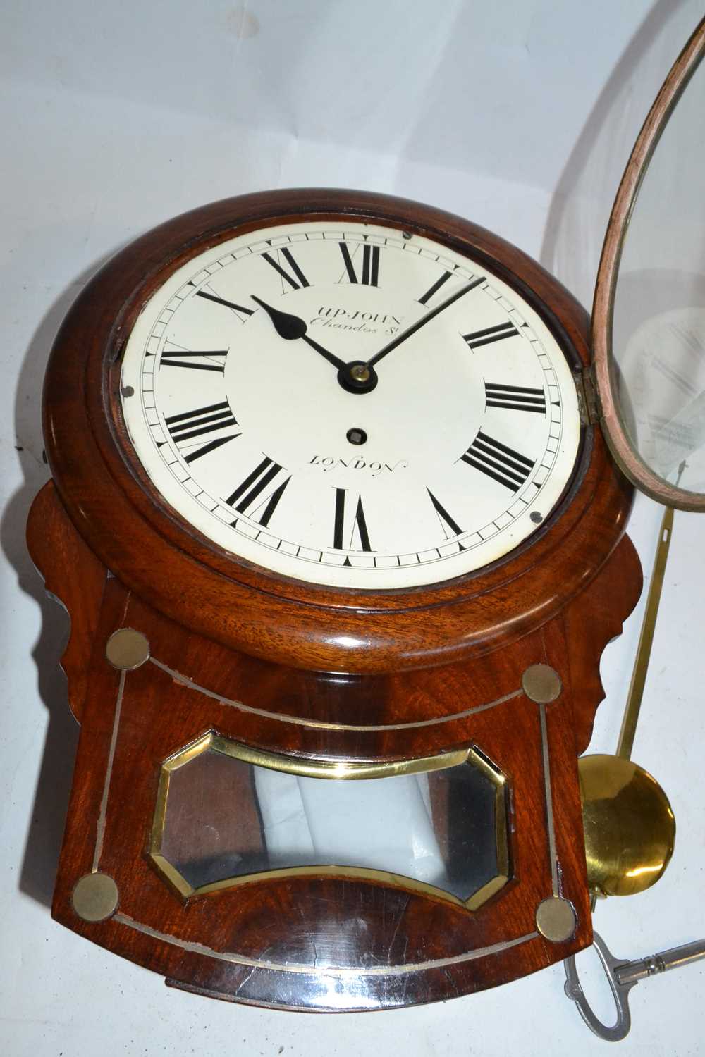A small early late Georgian drop dial wall timepiece set in mahogany case with brass inlay , the - Image 2 of 2