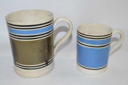Two Mocha ware mugs, one with engraved quart mark