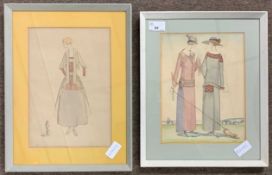 British, 20th century, A pair of 1920s ladies fashion illustrations (possibly Vogue), watercolour