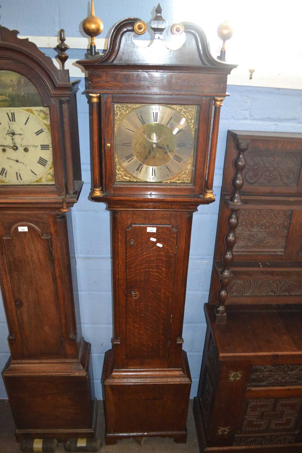 Neddey Wells Shepley, Georgian oak cased long case clock with brass dial and thirty hour movement