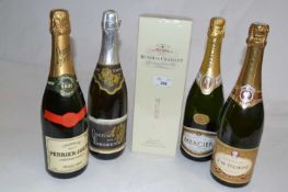 Mumm de Cremant Champagne Grand Cru, in presentation box, Perrier Jouet champagne, and three other