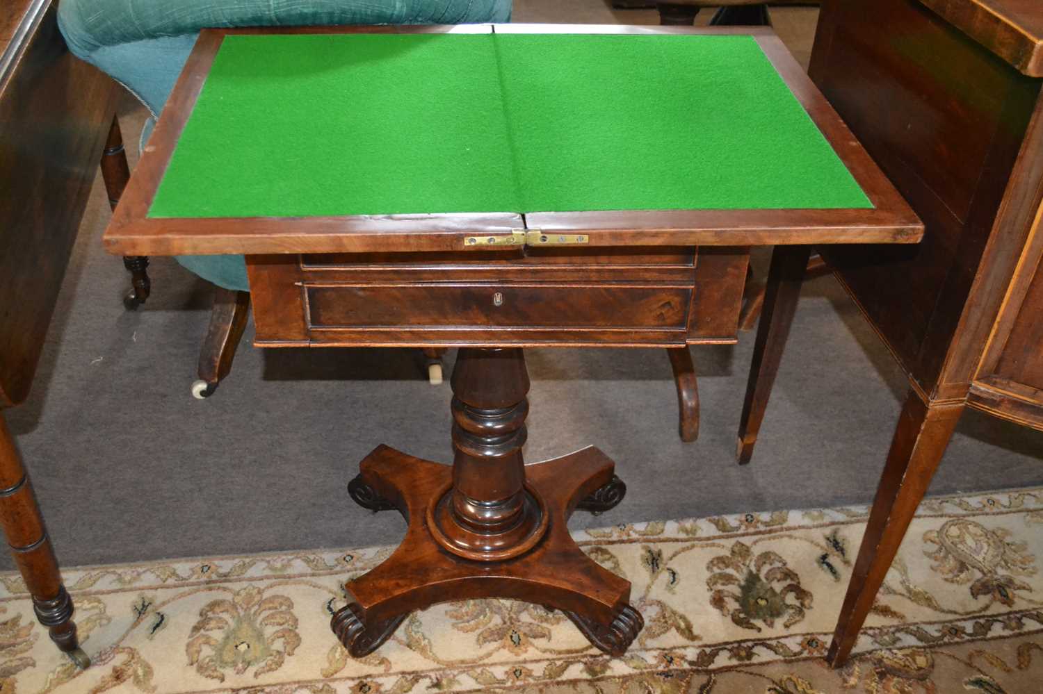 Early Victorian mahogany combination sewing and games table with folding revolving baize lined top - Image 2 of 2