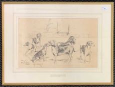 Follower of Sir Alfred Munnings (1878-1959), Hounds, charcoal on paper, signed, 33x52cm, framed