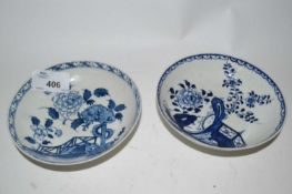 Two Lowestoft porcelain saucers both with blue and white chinoiserie designs, 12cm diameter