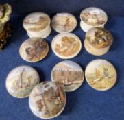 A collection of ten pot lids with various designs entitled The Sportsman, New St Thomas' Hospital