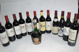 Twelve bottles of assorted French red wines and one bottle of Benedictine, (13)