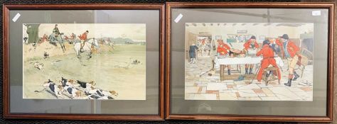 Cecil Aldin (1870-1935), Hunting party interior scene and fox hunting, hand coloured lithographs,