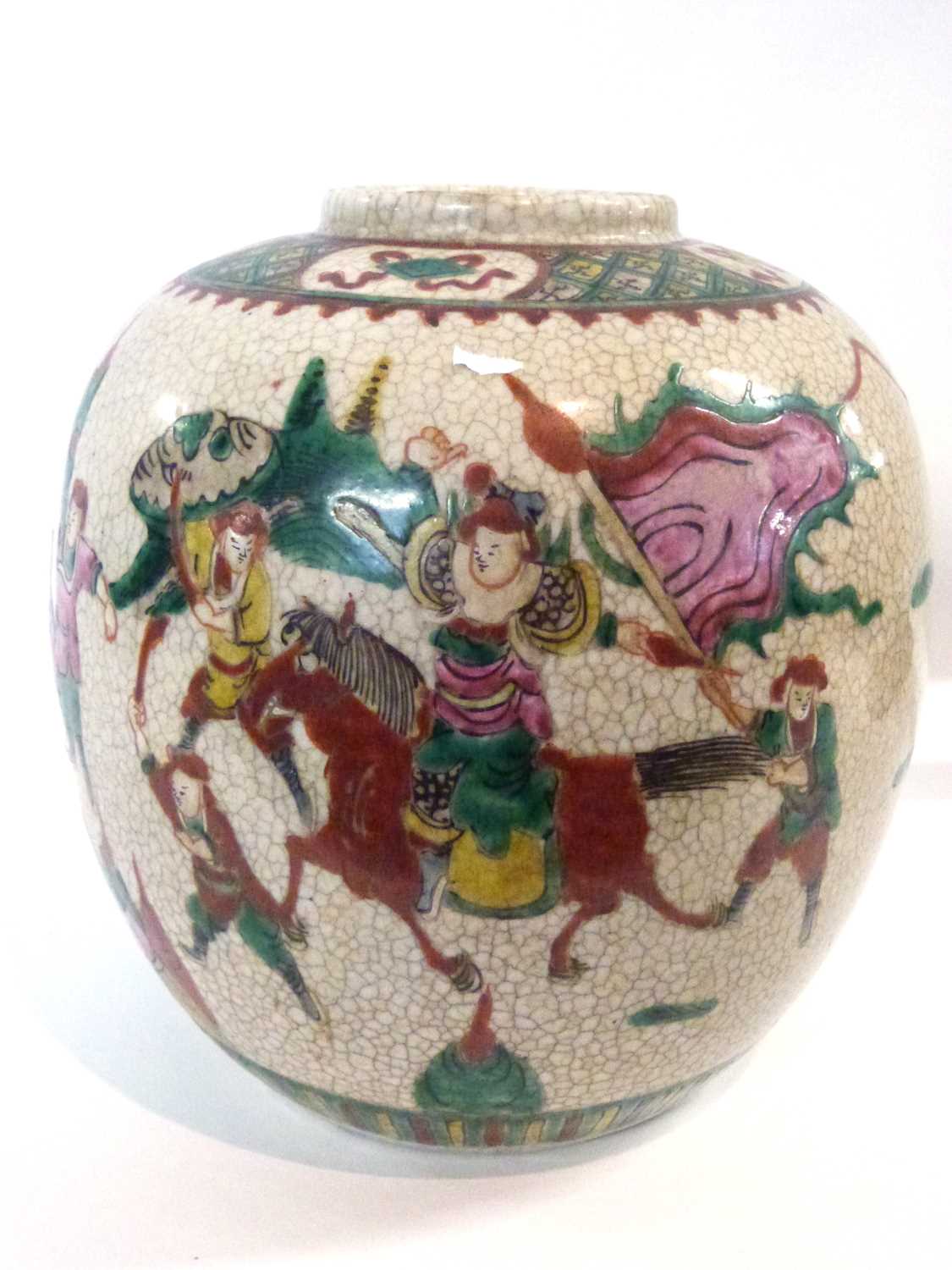 A large Chinese crackle ware jar with famille vert decoration, four character mark to base in - Image 3 of 5