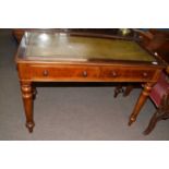 Victorian mahogany writing table with green leather inset top over two drawers and raised on