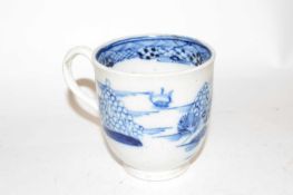A Caughley cup with blue and white castle design, label to base for the Whatney Collection