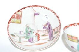 A Lowestoft porcelain tea bowl and saucer with polychrome mandarin style decoration, saucer 12cm