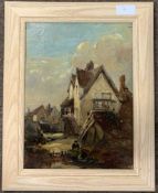 British impressionist School, mid 19th / early 20th century, Two figures reside by buildings, oil on