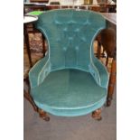 Small Victorian turquoise upholstered button back bedroom or nursing chair with turned legs